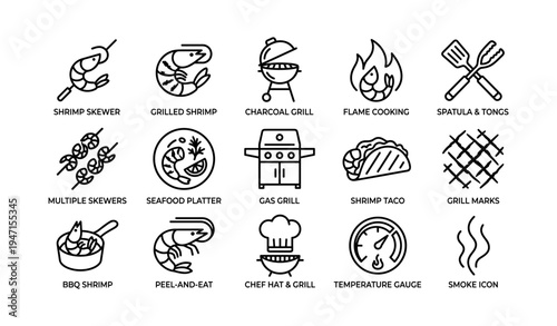 Outline icons of grilled shrimp, bbq, and tacos featuring cooking tools