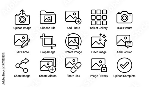 Set of photo editing and uploading icons in black and white line art style