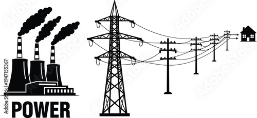 Electric power plant and transmission lines silhouette, electricity generation distribution grid energy infrastructure vector illustration