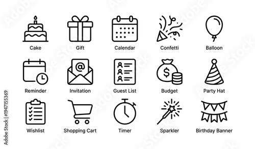 Celebration icons: cake, gift, calendar, confetti, balloon, and more