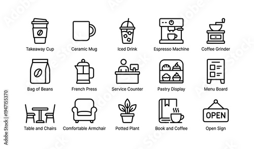 Minimalist coffee shop icons: machines, drinks, furniture, and décor