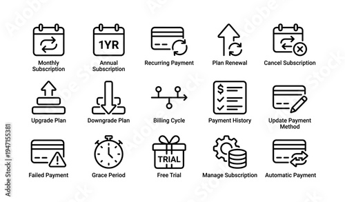 Subscription and payment icons for plans and billing management