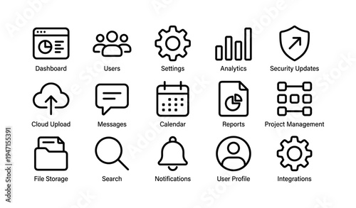Set of 15 black line icons for web and mobile applications