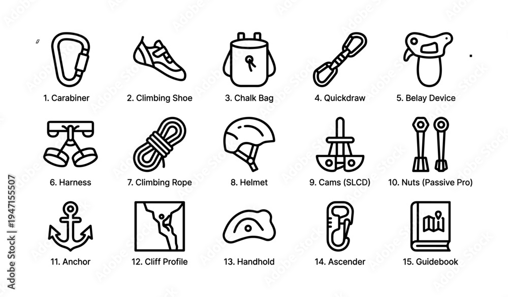 Fototapeta premium Essential climbing gear: carabiner, shoes, chalk bag, quickdraw, belay device, rope, helmet, cams