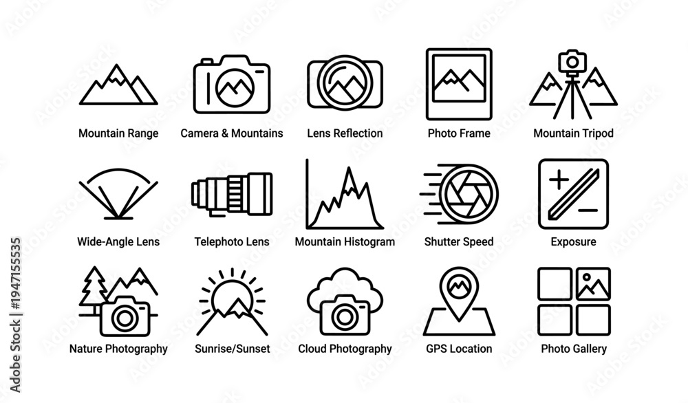 Fototapeta premium Photography icon set with camera, lens, mountain, and sunset themes
