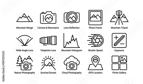 Photography icon set with camera, lens, mountain, and sunset themes