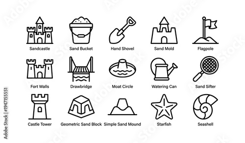 Sandcastle building tools and shapes icons with beach accessories