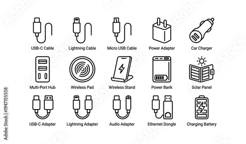 Electronic accessory icons: cables, adapters, chargers, power bank, solar panel