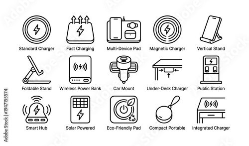 Charging solutions icons including foldable stand, wireless power bank, car mount, multi-device pad