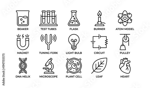 Science icons collection with beaker, test tubes, and atom model