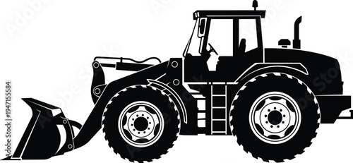 Wheel loader construction vehicle silhouette, heavy equipment tractor excavator machinery industrial engineering vector illustration