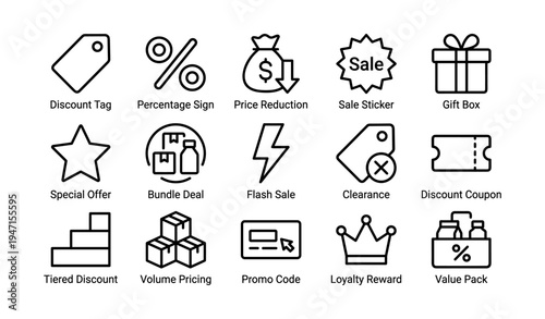 Discount and sale icons: price reduction, gift box, special offer, clearance, loyalty reward