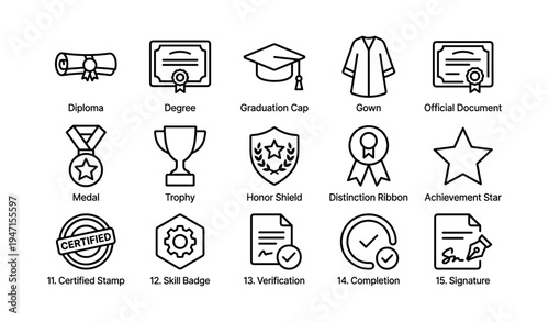 Outline icons of academic achievements and certifications including diploma and trophy