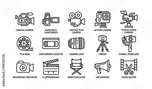 Collection of video production equipment icons for filmmaking and videography