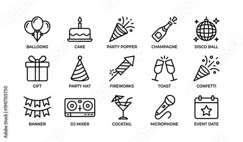Party celebration icons set: balloons, cake, party popper, champagne, disco ball