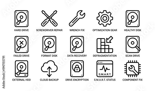 Icon set of disk repair and maintenance tools