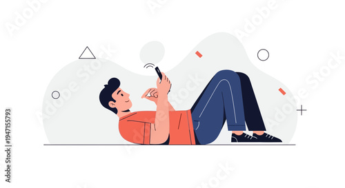 Man Lying Down Using Smartphone, Relaxing with Mobile Phone