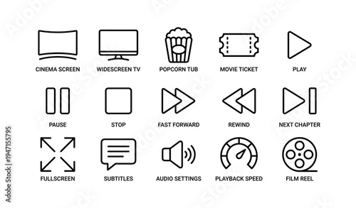 Cinema and media icons: popcorn, ticket, play, pause, rewind