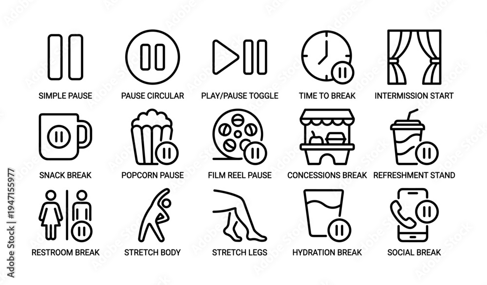 Fototapeta premium Pause icons: break, snack, film, stretch, hydration, social
