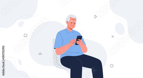 Elderly Man Using Smartphone, Sitting on Chair, Modern Flat Illustration