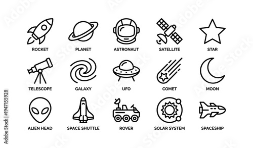 Space exploration icons: rocket, planet, astronaut, satellite, star, ufo, comet