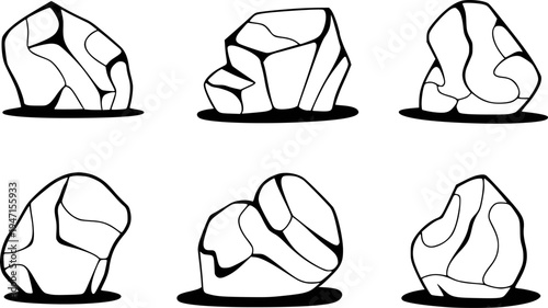 Stylized Black Outline Rocks with Shadow White Background stone geology