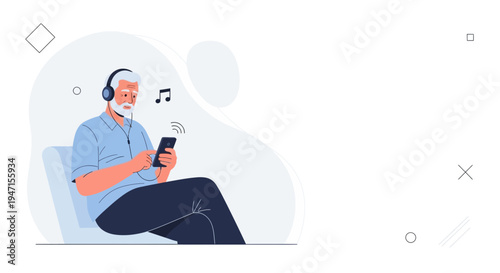 Elderly man with headphones listening to music on smartphone, relaxing at home