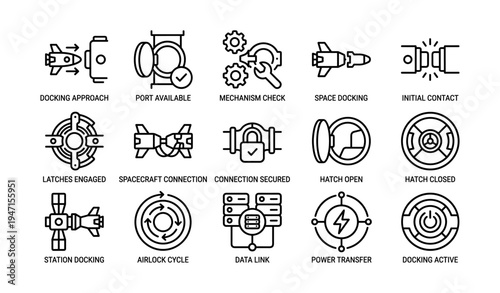 Space docking process icons illustrating docking stages and mechanisms