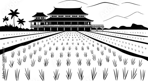 Traditional Asian Rice Paddy Field with Pagoda Style Building and Palm Trees agriculture