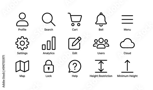 Simple black icon set: profile, search, cart, bell, menu, settings, analytics, edit, users, cloud, map, lock, help, height restriction, minimum height