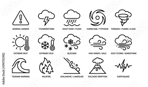 Weather alert icons representing natural disasters and severe conditions