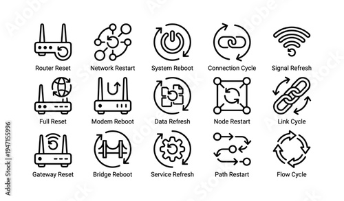 Illustrated network reset and reboot icons for system maintenance and connectivity