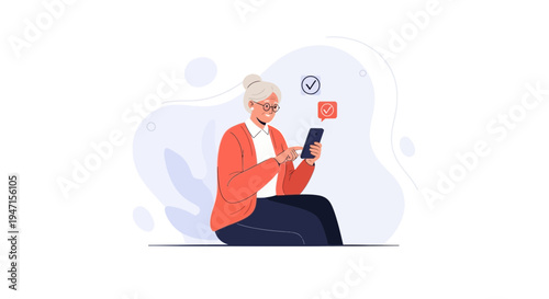 Elderly Woman Using Smartphone with Notifications, Vector Illustration