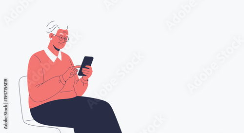 Elderly Woman Using Smartphone, Sitting on Chair, Modern Illustration