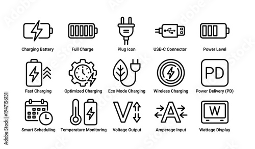 Charging and power icons including battery, plug, usb-c, wireless, and eco mode symbols