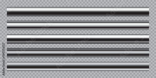 Metal steel pipes set. Metallic rods cylindrical forms with smooth highlights, dark light reflections in parallel horizontal arrangement. Polished industrial tubes. Realistic vector illustration.