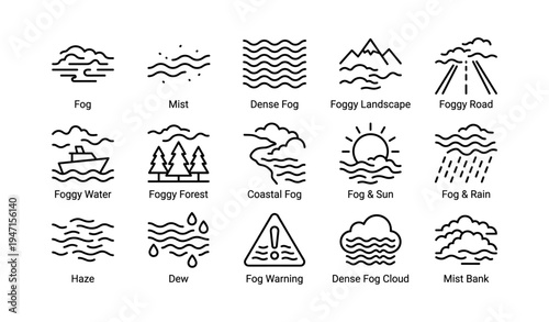 Collection of weather icons depicting various fog and mist conditions