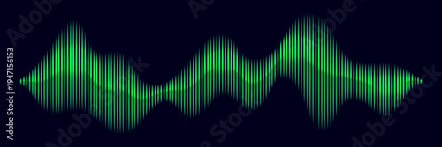 Sound wave. Green music audio voice line with glowing vertical bars on dark. Music waveform in neon gradient style for audio visualizer, equalizer, DJ interface. Abstract vector illustration.