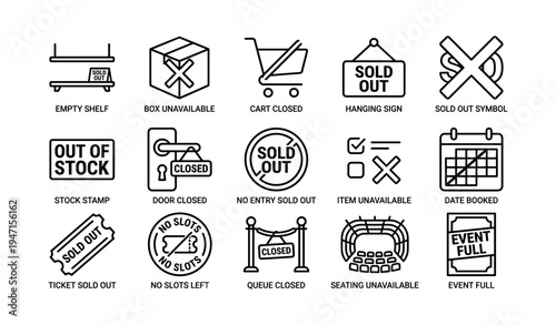 Sold out icon set: unavailable items, closed signs, event full indicators