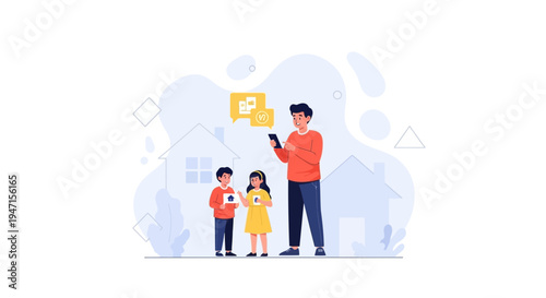 Family using smartphone for online communication and home search, illustration