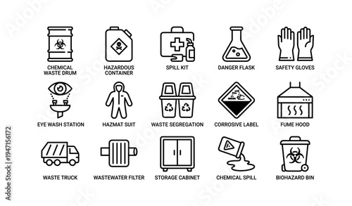 Chemical safety icons: containers, safety gear, and spill management symbols