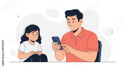 Father and daughter using smartphone together, happy family bonding, modern technology