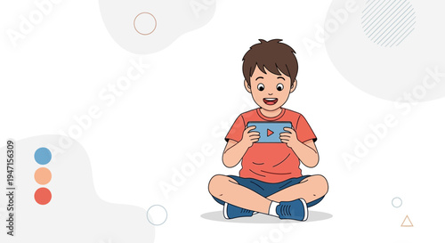 Happy boy playing video games on a tablet, sitting cross-legged, modern abstract background