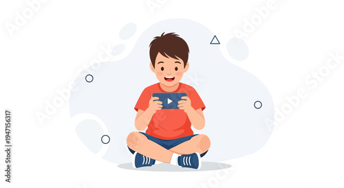Happy boy playing video games on smartphone, sitting cross-legged, flat design illustration