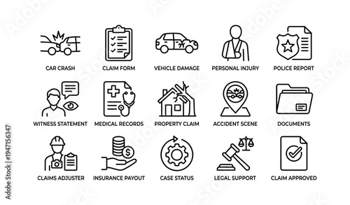 Icons representing car crash, vehicle damage, insurance claim process, legal support