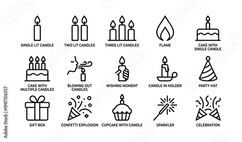 Candle and celebration icons: lit candles, cake, party hat, confetti, gift box, sparkler