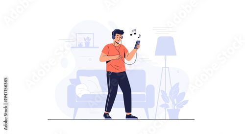 Man dancing and listening to music on headphones with smartphone at home