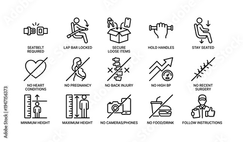 Safety and restrictions guide with icon illustrations for ride instructions