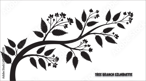 Elegant tree branch silhouette with leaves and flowers decorative nature vector illustration.