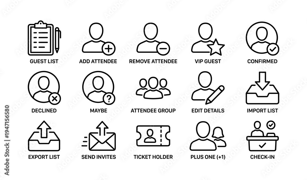 Fototapeta premium Guest management icons: attendee, vip, check-in, invitation, export